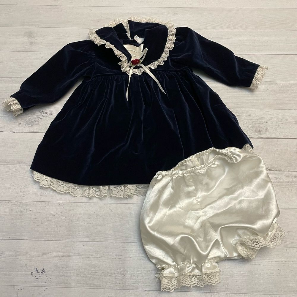 Vintage girls navy blue dress with bloomers 18 months
